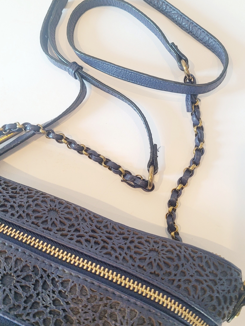 Elliott Lucca Navy Laser-Cut Floral Crossbody with Gold Hardware - Picture 4 of 8